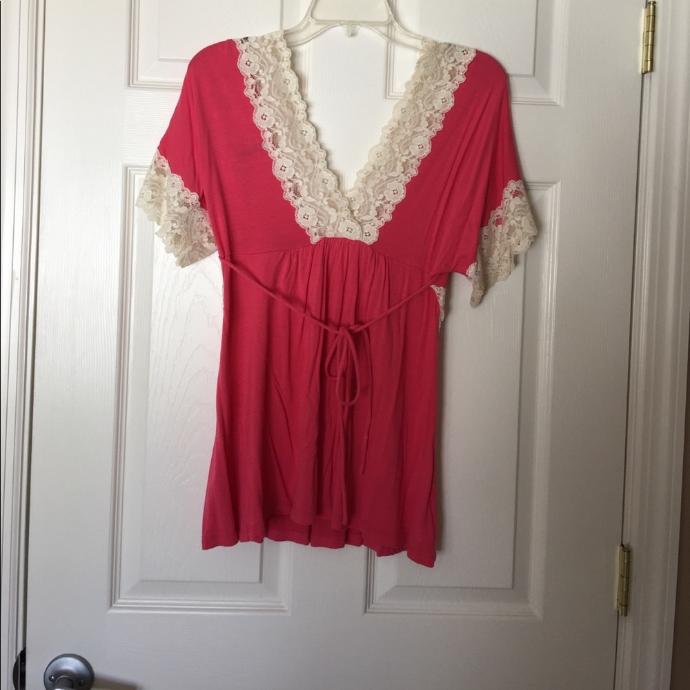 Coral and lace deep V neck blouse